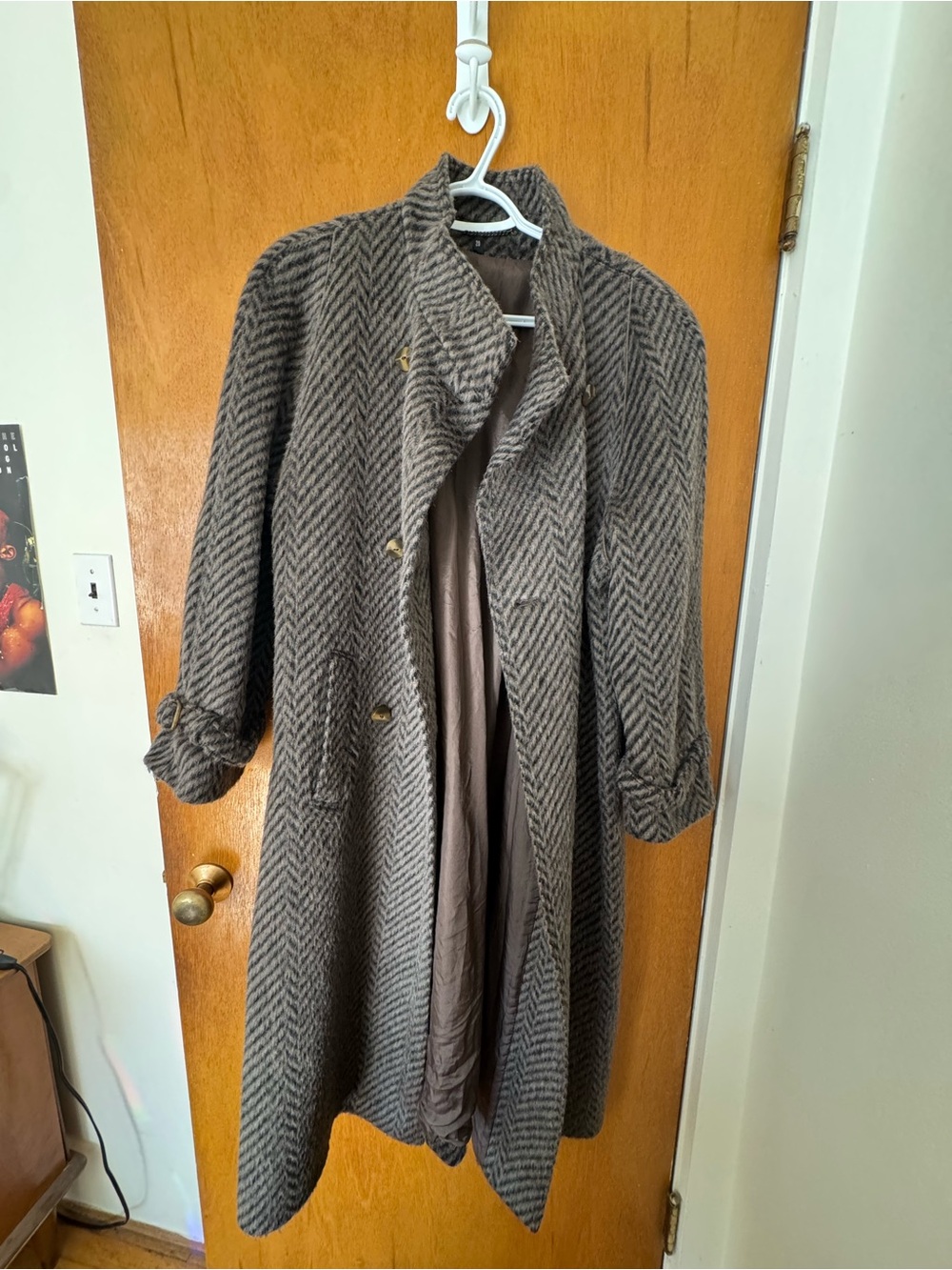 Brown and Gray Herringbone Wool Blend Long Pea Coat